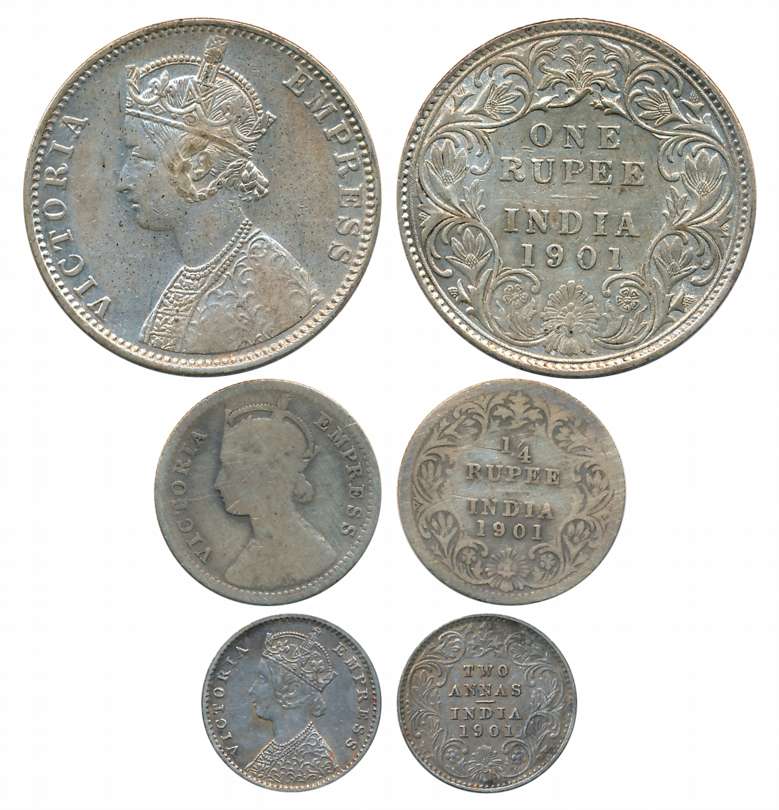 Victoria Empress, Complete set of 3 coins, 1901, Silver, Rupee, 1/4 Rupee & 2 Annas. Fine 