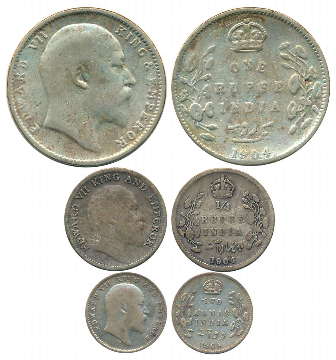 Edward VII, Complete set of 3 coins, 1904, Silver, Rupee, 1/4 Rupee & 2 Annas. Fine+ to ve