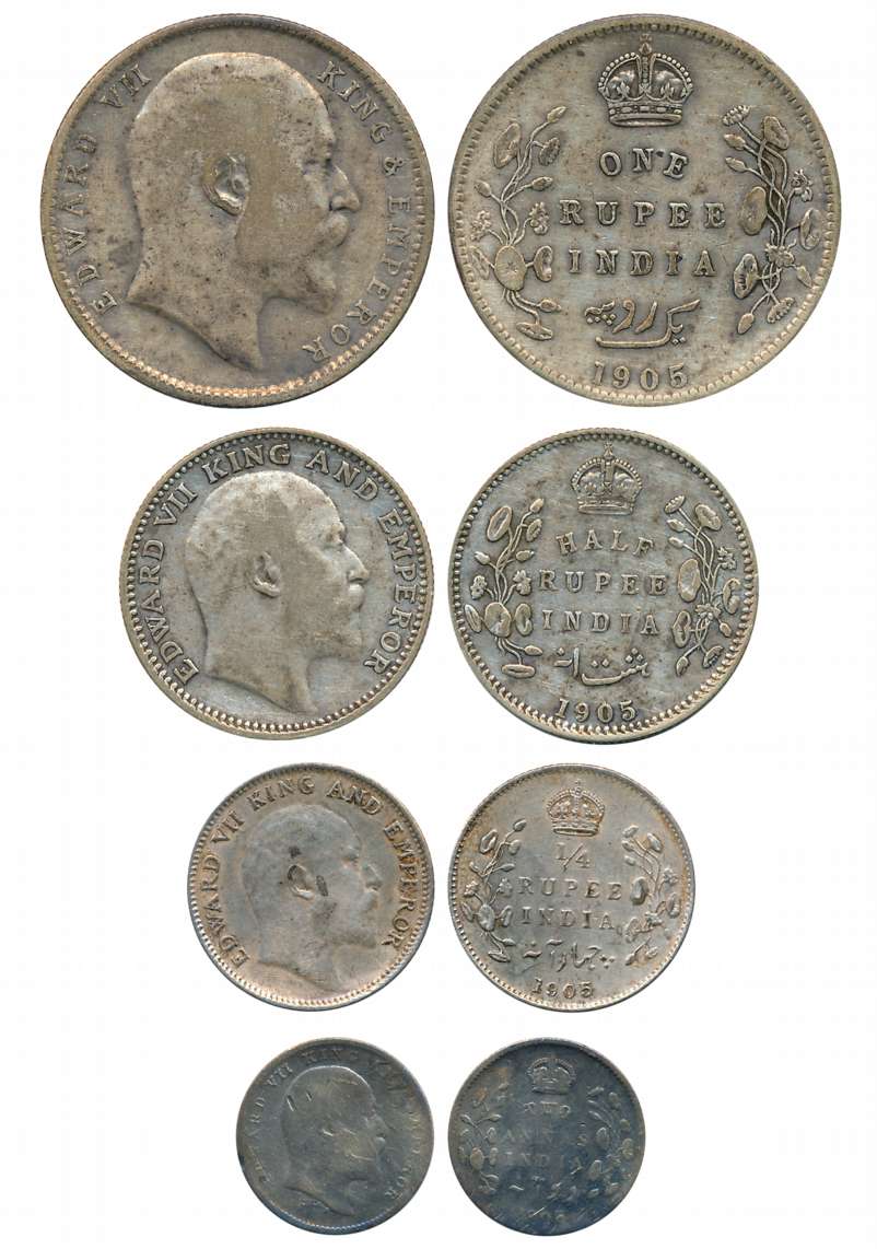 Edward VII, Complete set of 4 coins, 1905, Silver, Rupee, 1/2 Rupee, 1/4 Rupee & 2 Annas. 