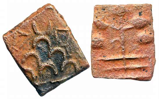 Anonymous, Copper Square, 2.62g, Obv: Six arched hill, crescent above, river below, Indrad