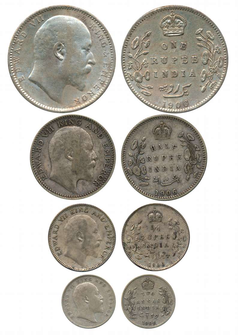 Edward VII, Complete set of 4 coins, 1906, Silver, Rupee, 1/2 Rupee, 1/4 Rupee & 2 Annas. 