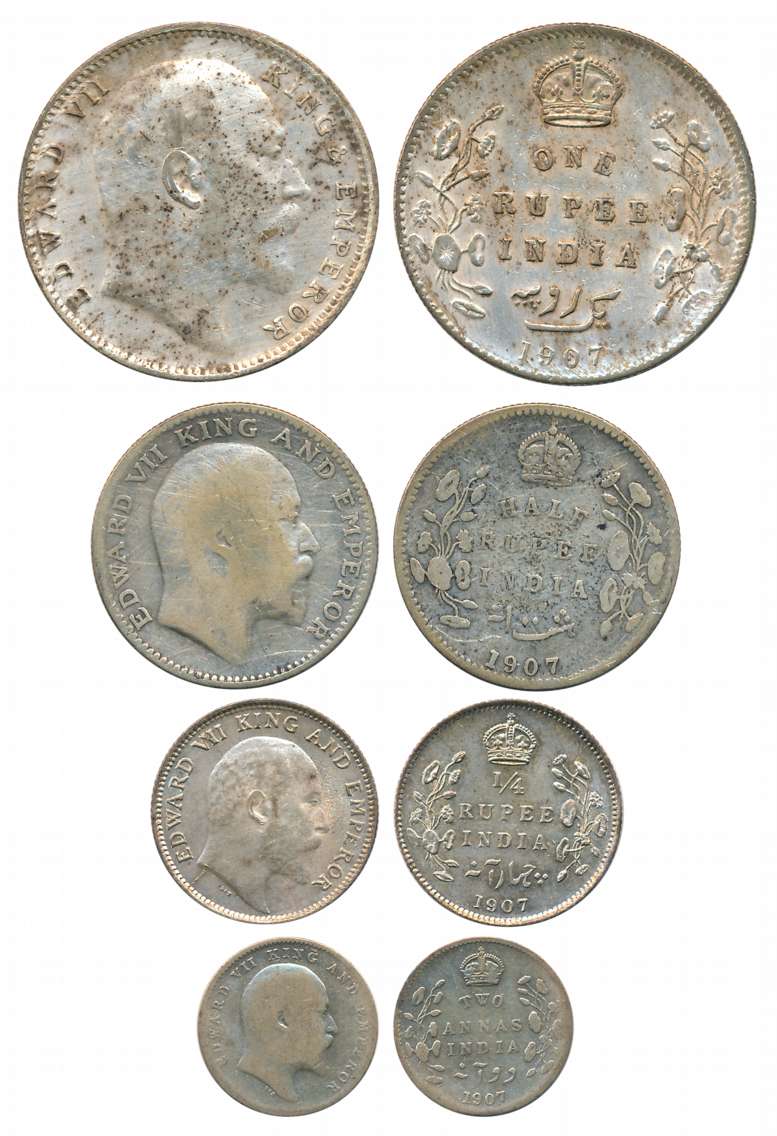 Edward VII, Complete set of 4 coins, 1907, Silver, Rupee, 1/2 Rupee, 1/4 Rupee & 2 Annas. 