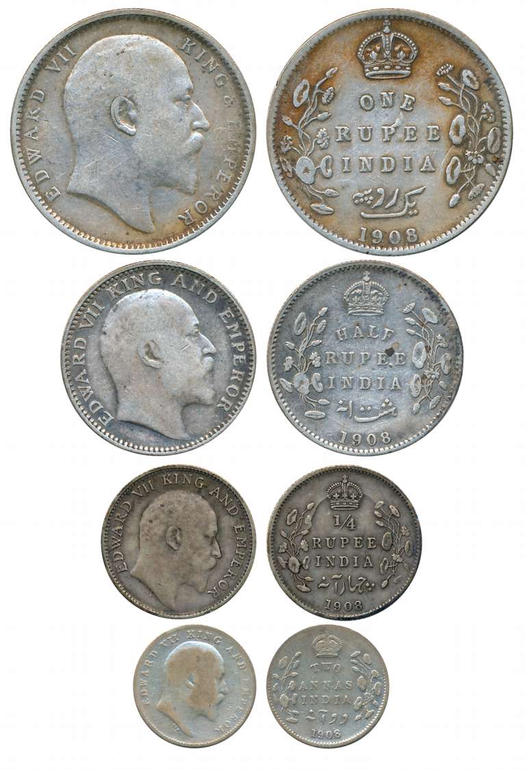 Edward VII, Complete set of 4 coins, 1908, Silver, Rupee, 1/2 Rupee, 1/4 Rupee & 2 Annas. 