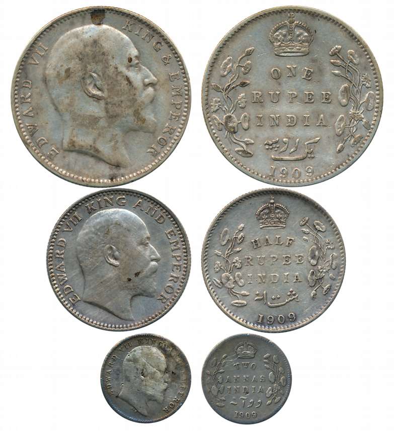 Edward VII, Complete set of 3 coins, 1909, Silver, Rupee, 1/2 Rupee & 2 Annas. Very fine t
