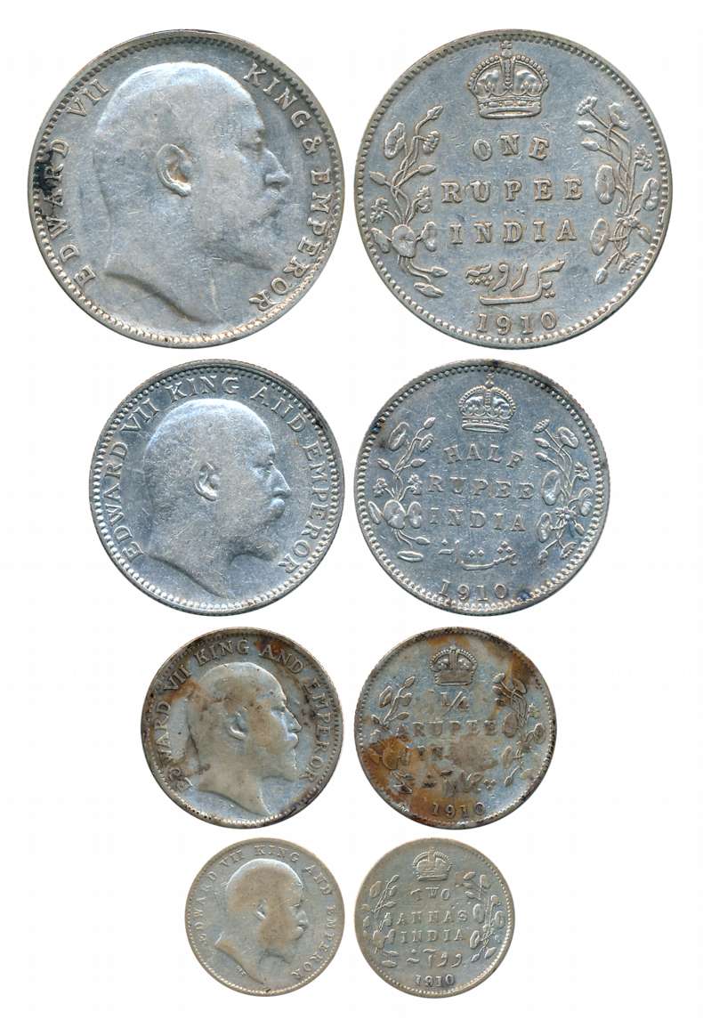 Edward VII, Complete set of 4 coins, 1910, Silver, Rupee, 1/2 Rupee, 1/4 Rupee & 2 Annas. 