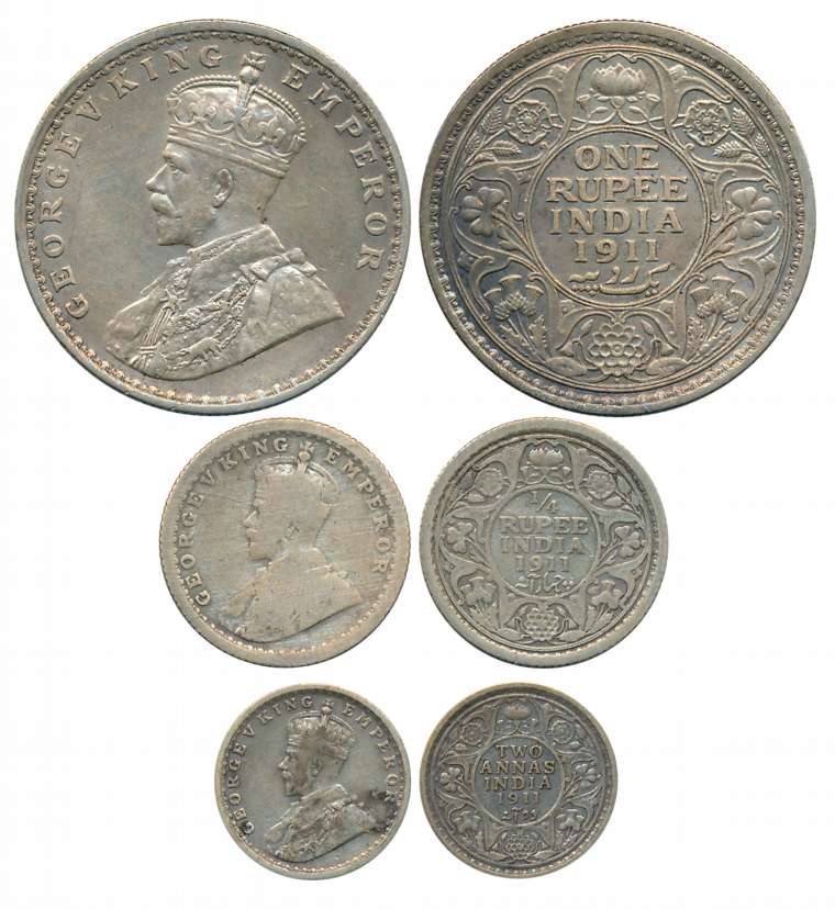 George V, Set of 3 coins, 1911, Silver, Rupee, 1/4 Rupee & 2 Annas. About very fine to ver