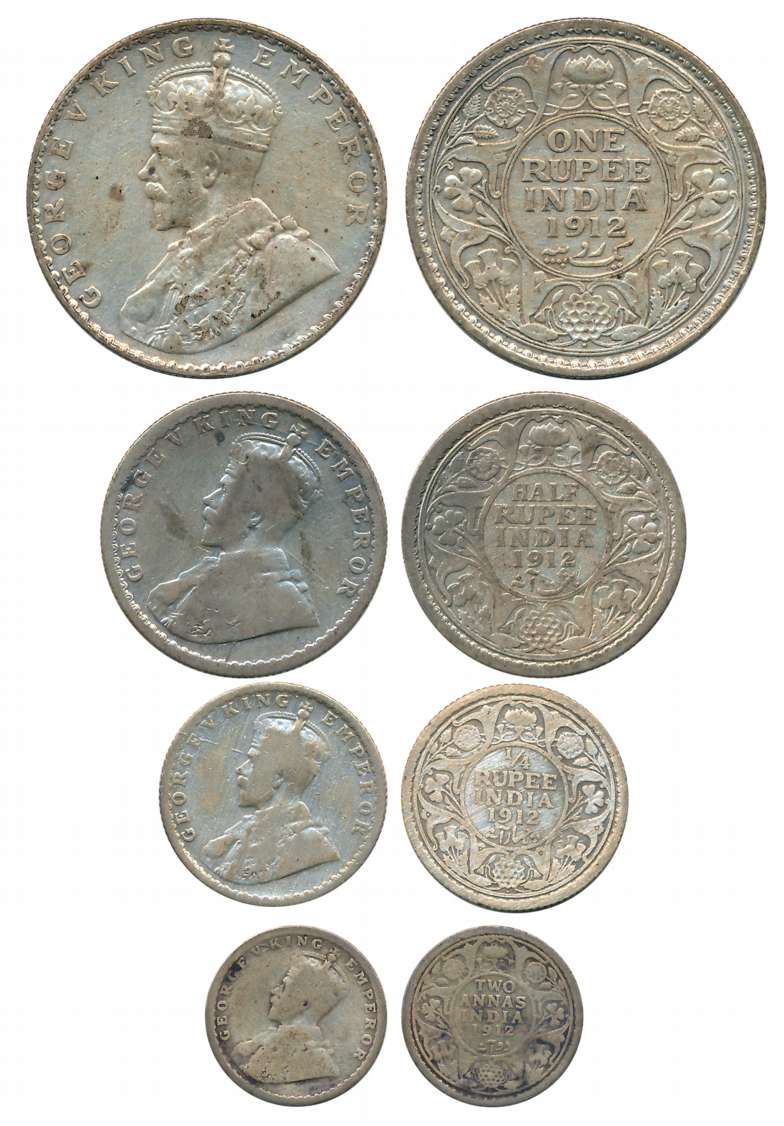 George V, Complete set of 4 coins, 1912, Silver, Rupee, 1/2 Rupee, 1/4 Rupee & 2 Annas. Fi