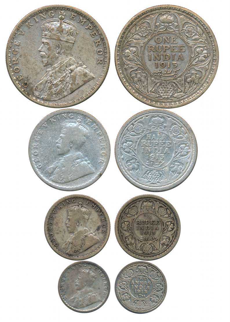 George V, Complete set of 4 coins, 1913, Silver, Rupee, 1/2 Rupee, 1/4 Rupee & 2 Annas. Fi