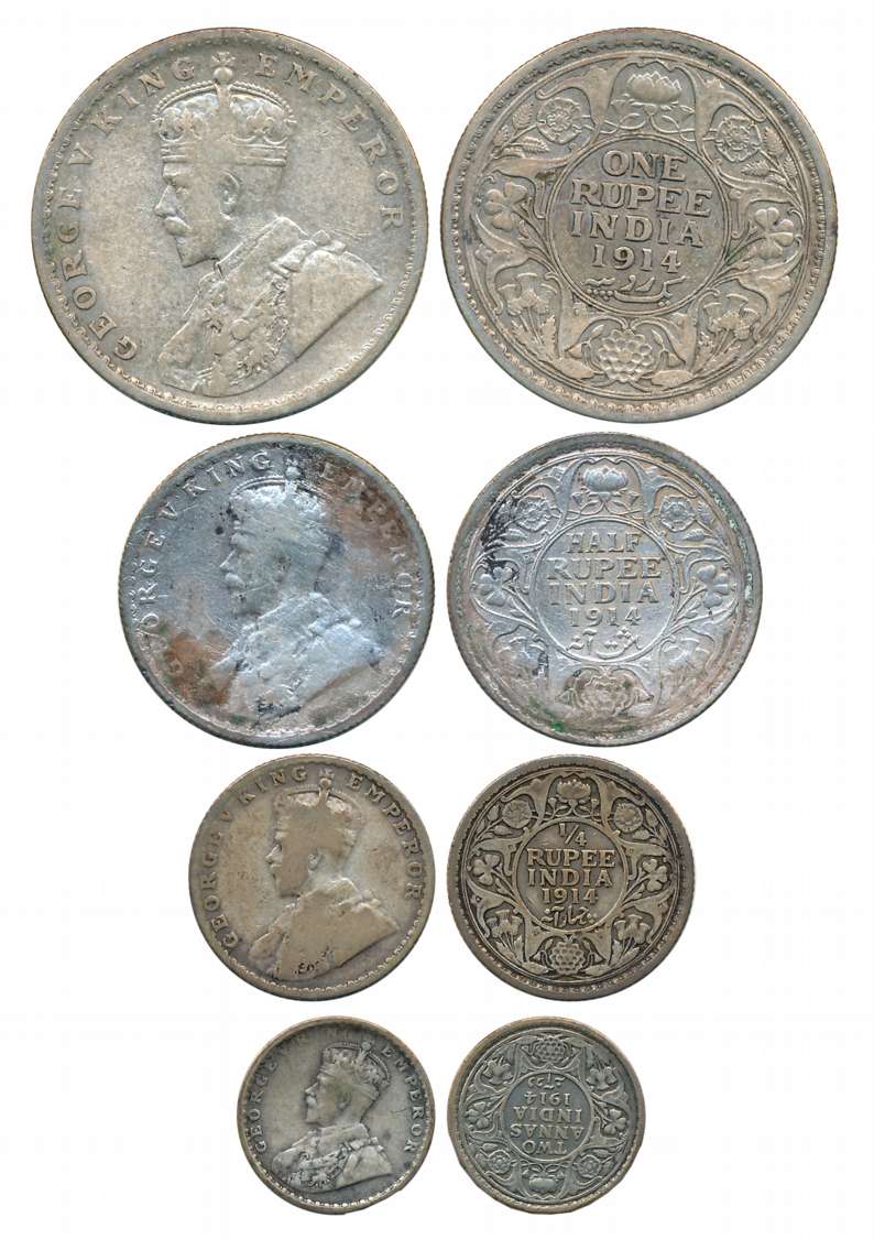 George V, Complete set of 4 coins, 1914, Silver, Rupee, 1/2 Rupee, 1/4 Rupee & 2 Annas. Fi