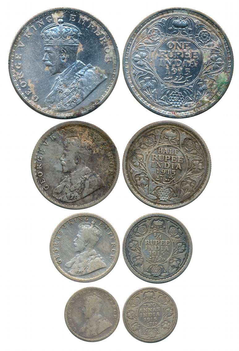 George V, Complete set of 4 coins, 1915, Silver, Rupee, 1/2 Rupee, 1/4 Rupee & 2 Annas. Fi