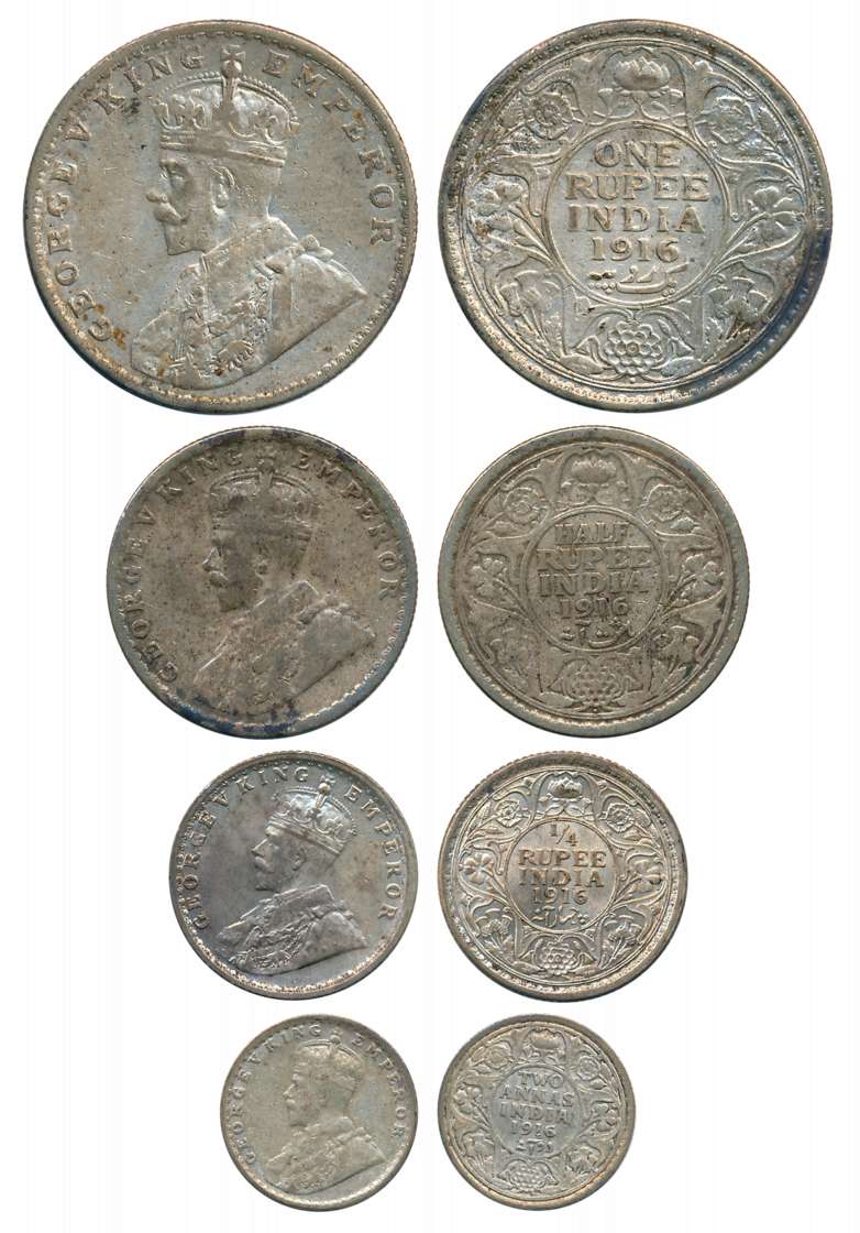 George V, Complete set of 4 coins, 1916, Silver, Rupee, 1/2 Rupee, 1/4 Rupee & 2 Annas. Ab