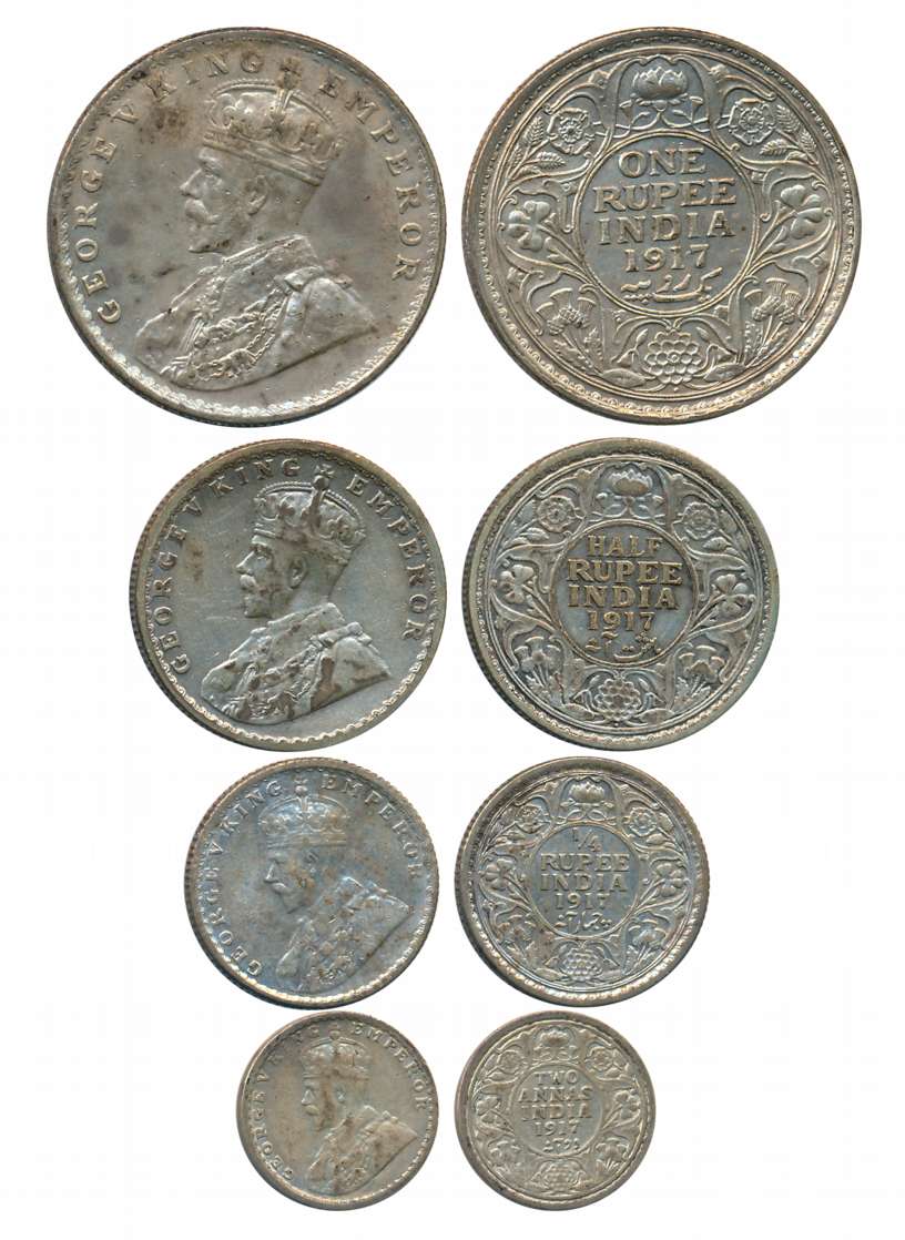George V, Complete set of 4 coins, 1917, Silver, Rupee, 1/2 Rupee,1/4 Rupee & 2 Annas. Ver