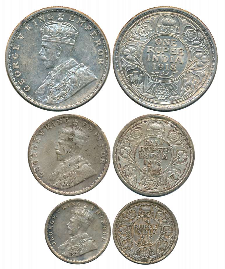 George V, Complete set of 3 coins, 1918, Silver, Rupee, 1/2 Rupee & 1/4 Rupee. Very fine t