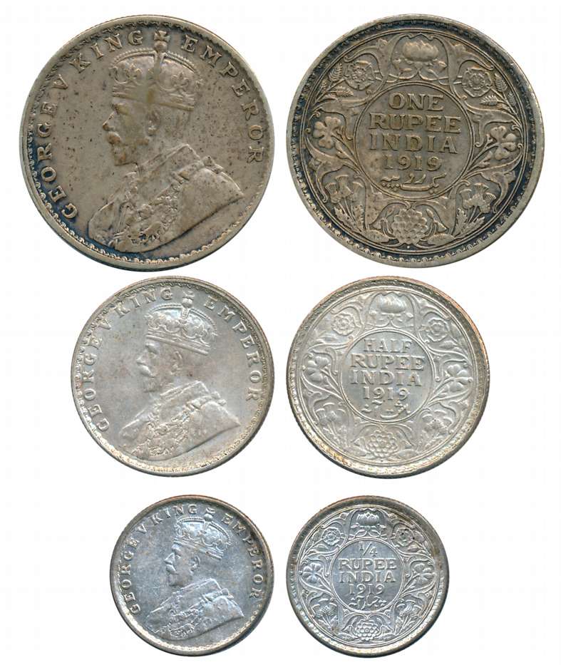 George V, Complete set of 3 coins, 1919, Silver, Rupee, 1/2 Rupee & 1/4 Rupee. Very fine t