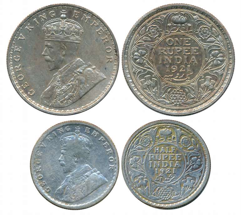 George V, 1921, Silver (2), Rupee & 1/2 Rupee. About very fine to very fine. 2 coins.