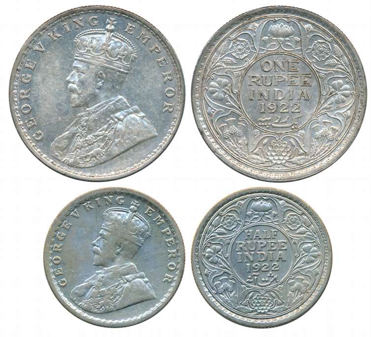 George V, 1922, Silver (2), Rupee & 1/2 Rupee. Very fine to extremely fine+. 2 coins.