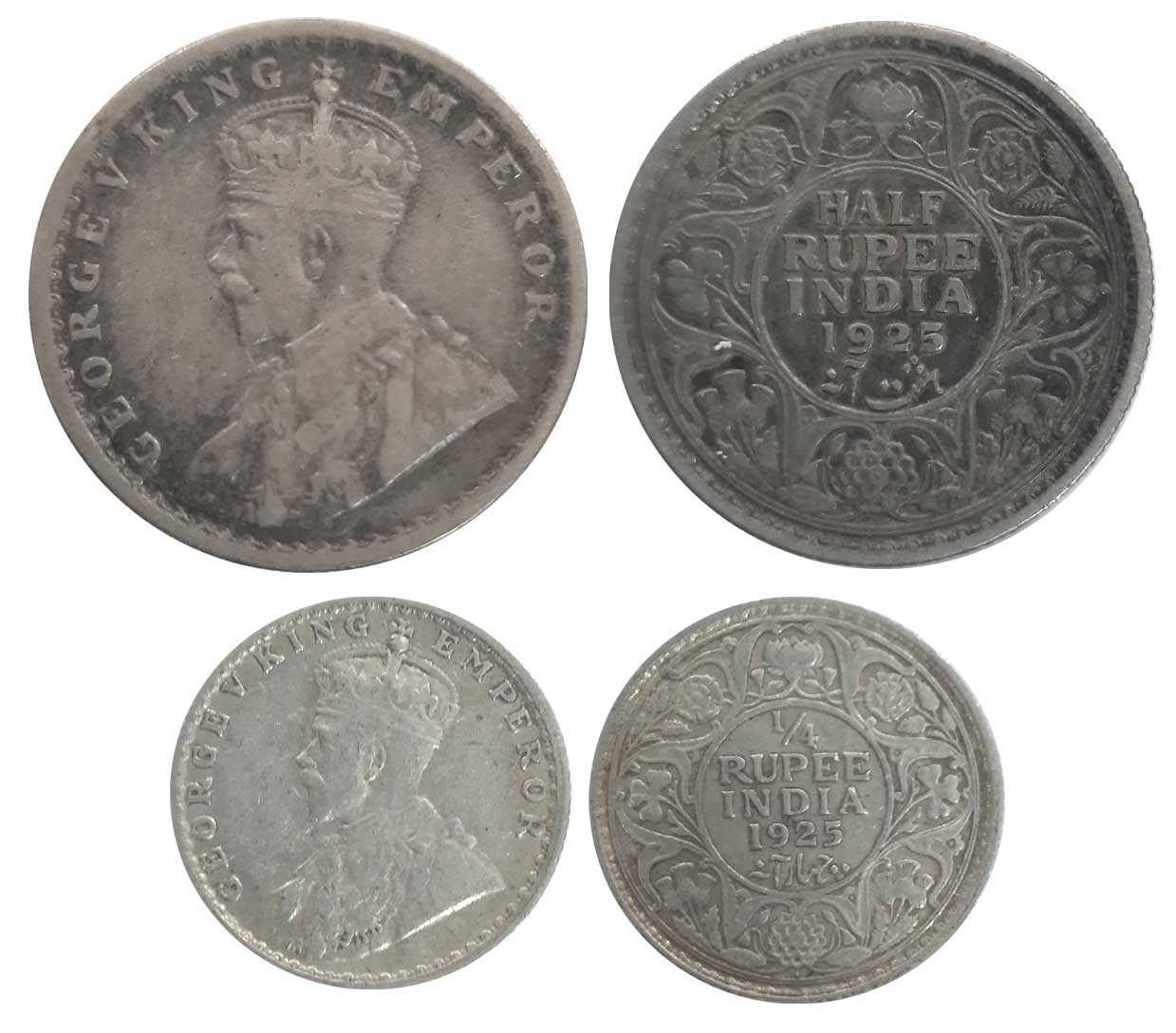 George V, 1925, Silver (2), 1/2 Rupee & 1/4 Rupee. Very fine to very fine+. 2 coins.