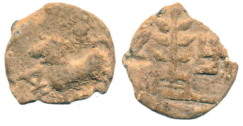 Deccan, Lead, 2.86g, Obv: Lion to left with upraised tail, Indradhvaja in front, Rev: Tree