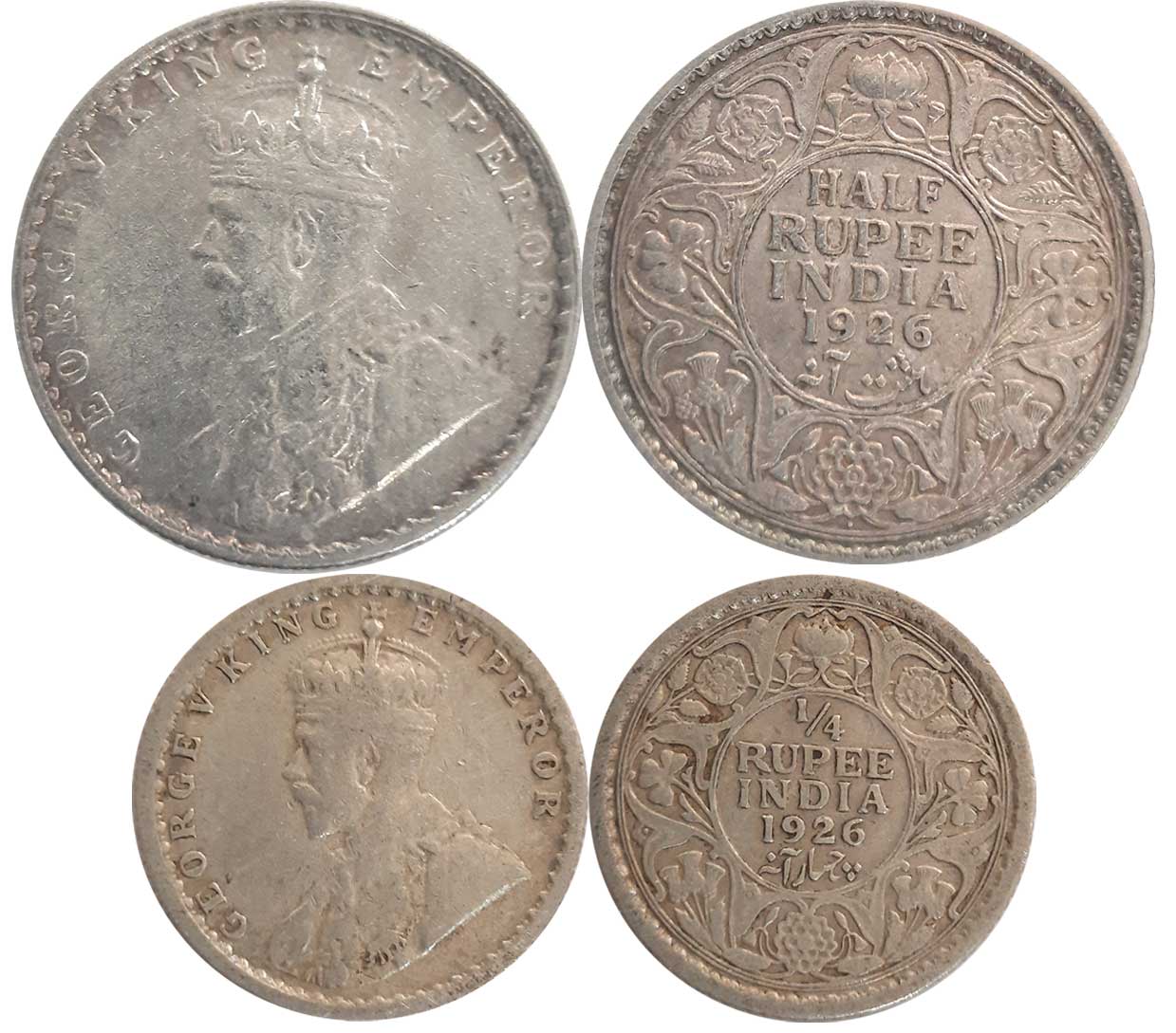 George V, 1926, Silver (2), 1/2 Rupee & 1/4 Rupee. Very fine to very fine+. 2 coins.
