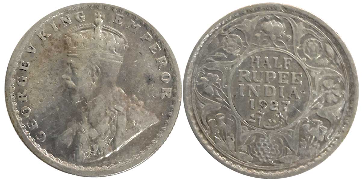 George V, 1927, Silver, 1/2 Rupee. Very fine+.