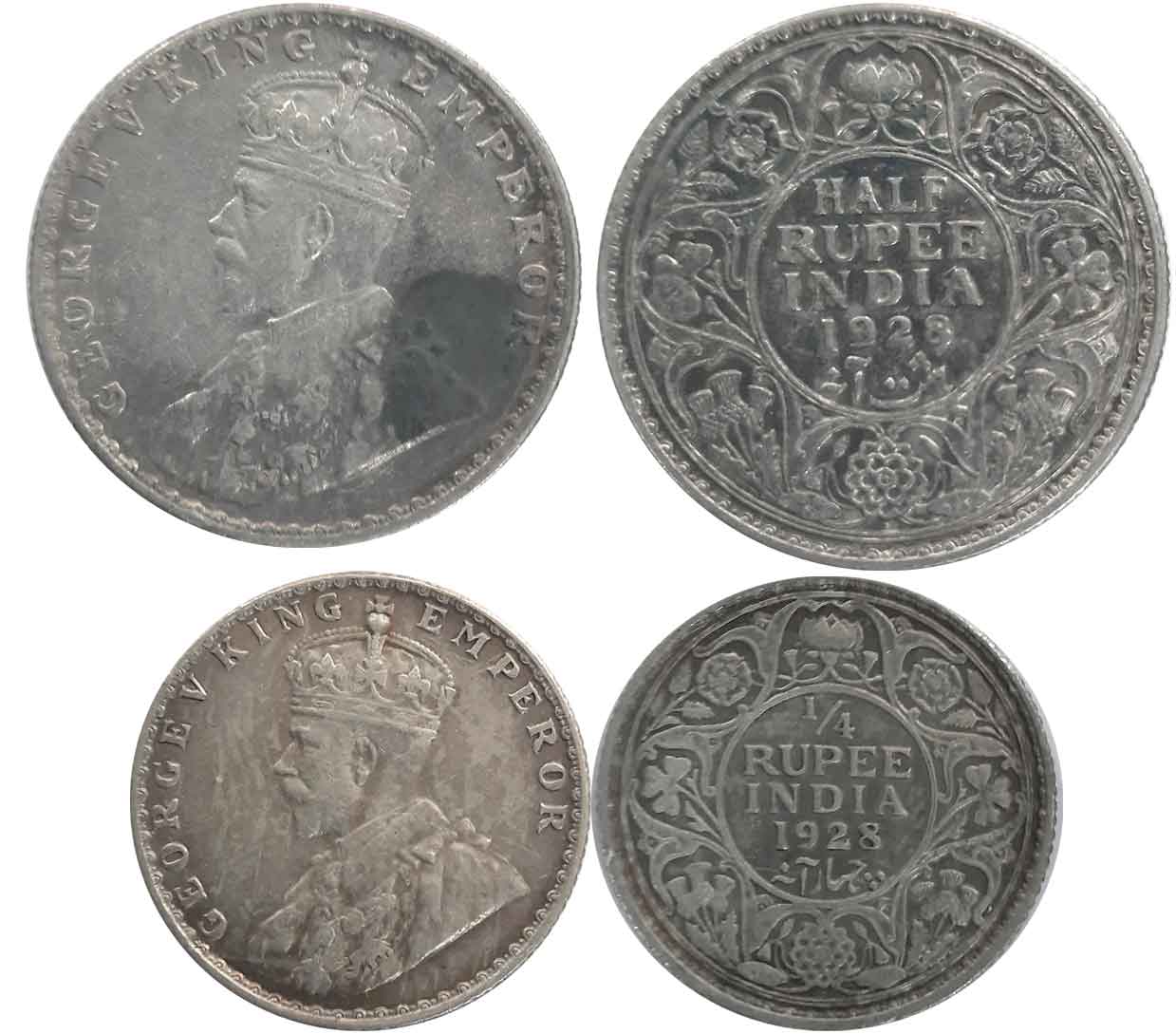 George V, 1928, Silver (2), 1/2 Rupee & 1/4 Rupee. Very fine to very fine+. 2 coins.