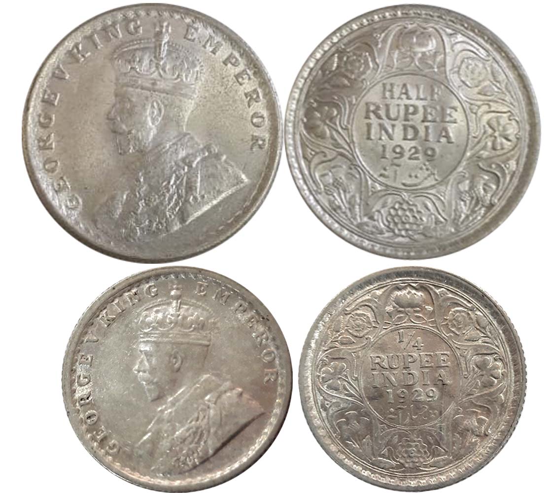 George V, 1929, Silver (2), 1/2 Rupee &amp; 1/4 Rupee. Extremely fine. 2 coins.