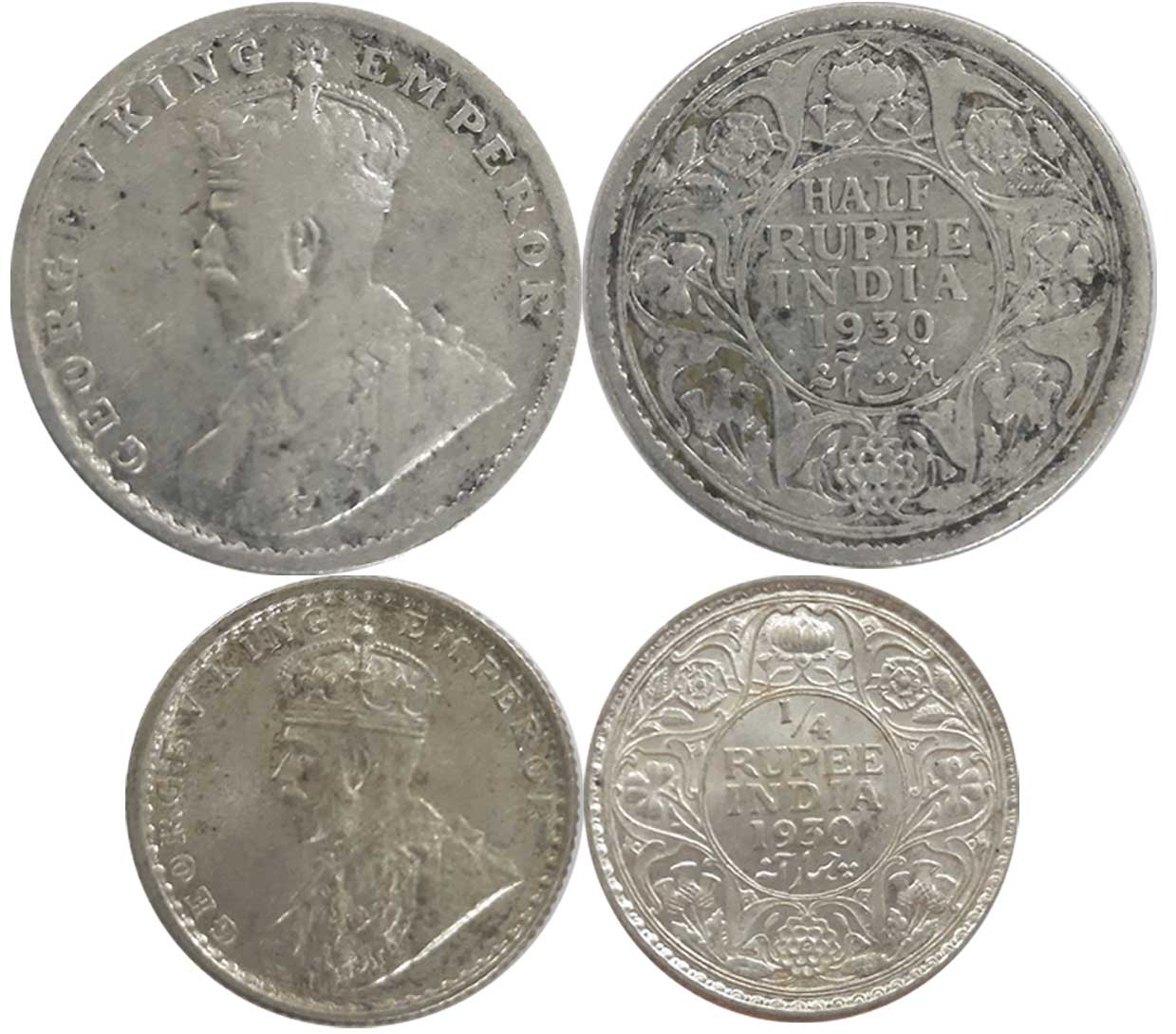 George V, 1930, Silver (2), 1/2 Rupee & 1/4 Rupee. About very fine to about uncirculated. 