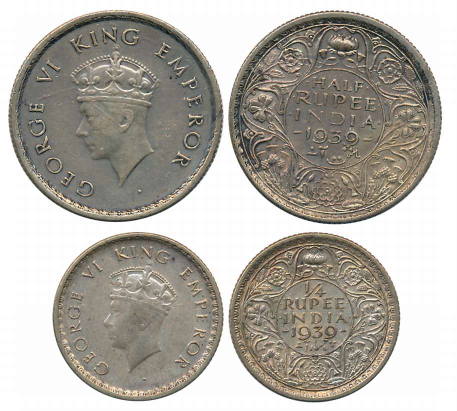 George VI, 1939, Silver (2), 1/2 Rupee & 1/4 Rupee. Very fine to very fine+. 2 coins.