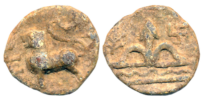 Deccan, Lead, 2.95g, Obv: Lion to left with upraised tail, Indradhvaja in front, Rev: Tree