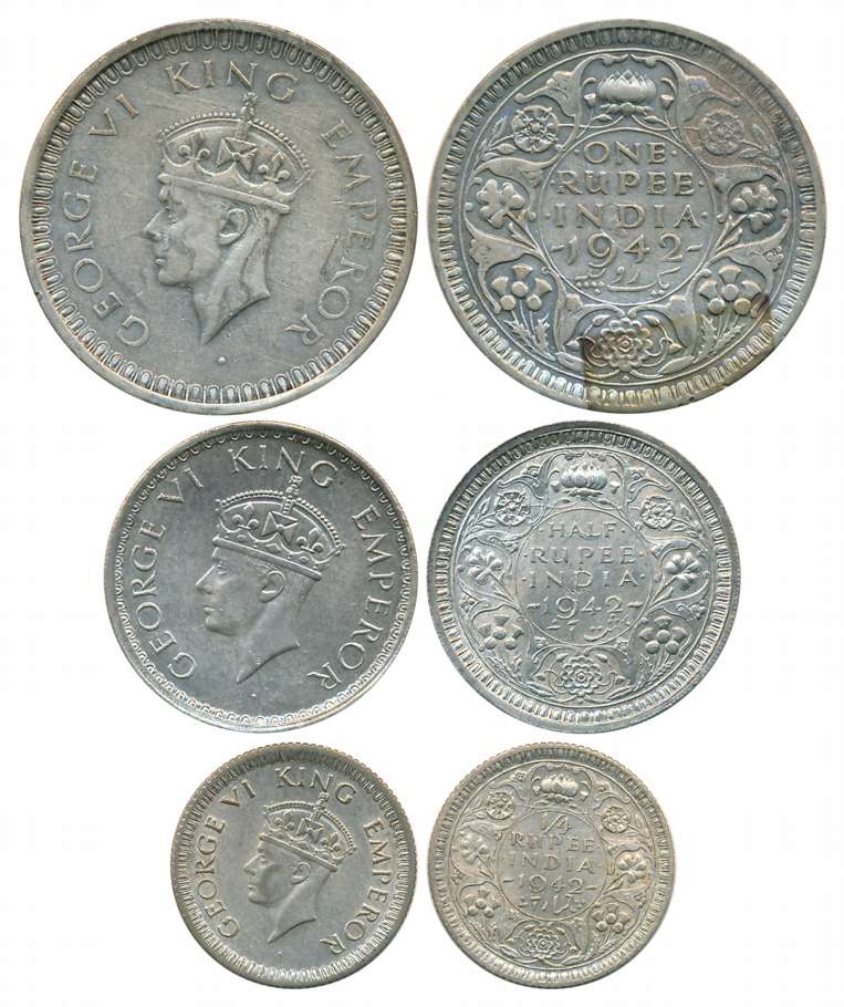 George VI, Complete set of 3 coins, 1942, Silver, Rupee, 1/2 Rupee & 1/4 Rupee. Very fine 
