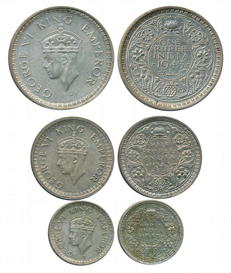 George VI, Complete set of 3 coins, 1943, Silver, Rupee, 1/2 Rupee & 1/4 Rupee. Very fine+