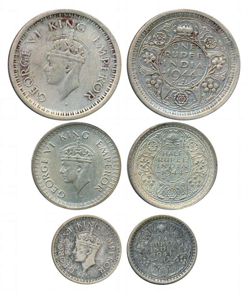 George VI, Complete set of 3 coins, 1944, Silver, Rupee, 1/2 Rupee & 1/4 Rupee. Very fine 