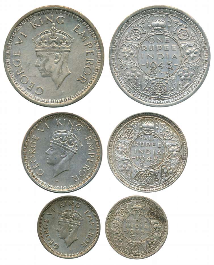 George VI, Complete set of 3 coins, 1945, Silver, Rupee, 1/2 Rupee & 1/4 Rupee. Very fine 