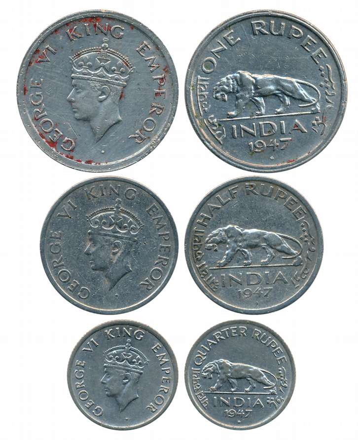 George VI, Complete set of 3 coins, 1947, Nickel, Rupee, 1/2 Rupee & 1/4 Rupee. Very fine 