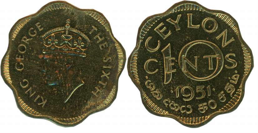 Ceylon- Sri Lanka, Georg VI, Nickel, 10 Cents, Proof, 1951, Obv: Bust of the king, Rev: Va