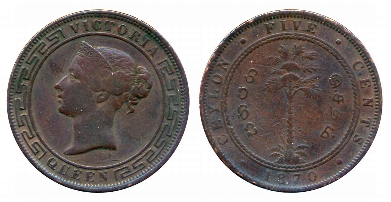 Ceylon-Sri Lanka, Victoria, Copper 5 Cents, 18.60g, Obv: Crowned bust facing left, Rev: De