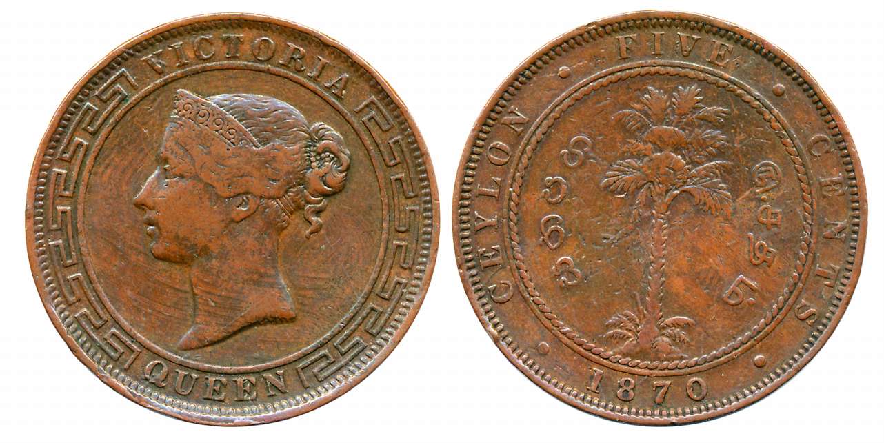 Ceylon-Sri Lanka, Victoria, Copper 5 Cents, 18.80g, Obv: Crowned bust facing left, Rev: De