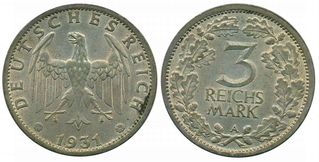 Germany, Silver 3 Reichsmark, 1931, Obv: Eagle in the middle above the date, Rev: The valu