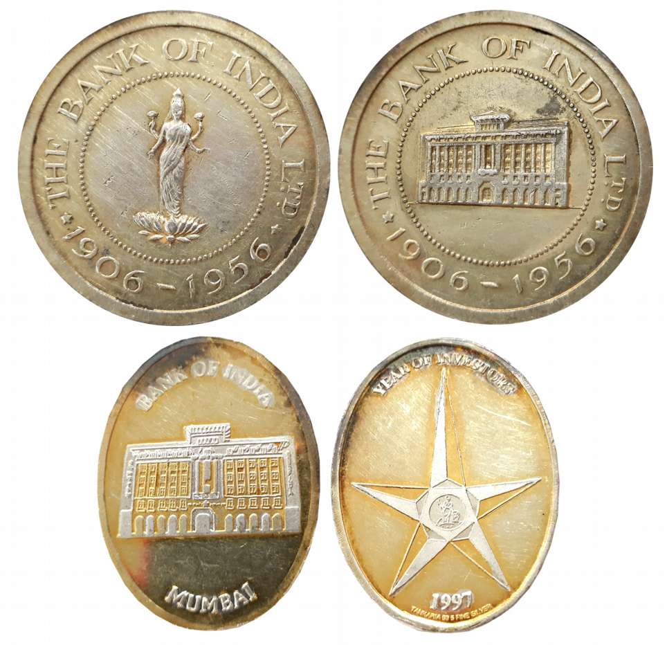 Bank of India Silver Token (2), 26.00g and 40.00g, 1956, Obv: Goddess Laxmi standing, Engl