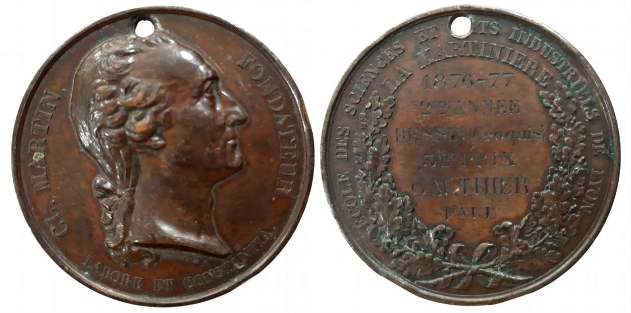 Claude Martin Medal, Copper, 59.30g, 1876-77, Obv: High relief Bust to right with the lege