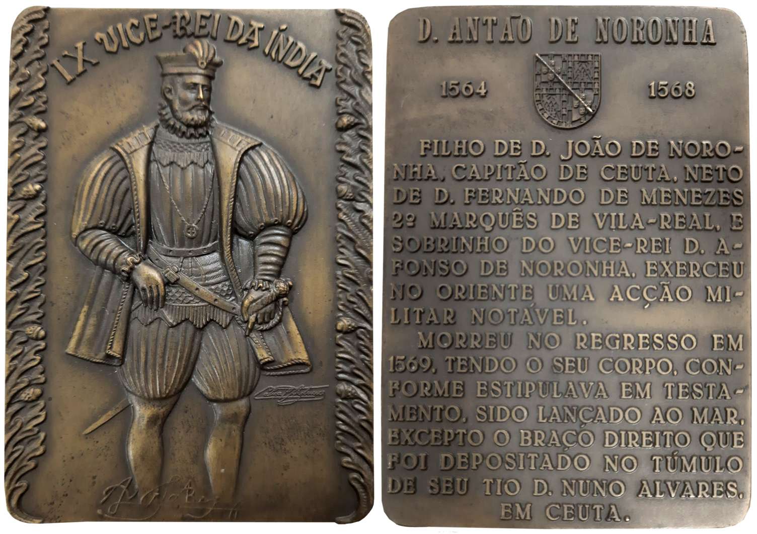 Portuguese-Ninth Viceroy of India D. Antao De Noronha, Rectangle Heavy Bronze Medallion, 1