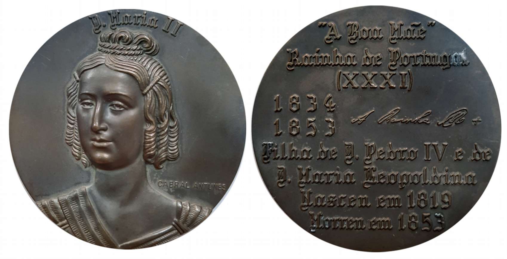 Portuguese Monarchs, D. Maria II, Bronze Medal, 92.33g, Obv: Portrait, Rev: Legend and dat