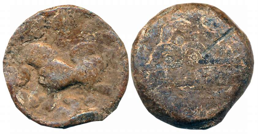 Sada’s of Coastal Andhra, Lead, 11.85g, Obv: Lion to left, traces of Brahmi legend above, 