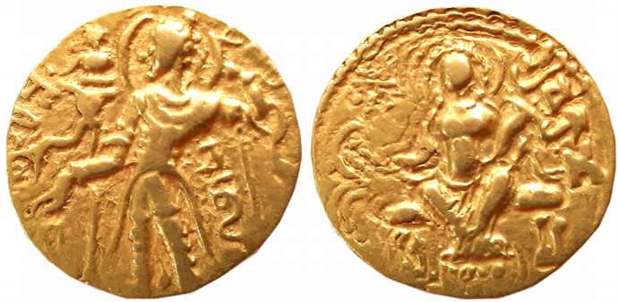 Guptas, Chandra Gupta I, Gold Dinar, 7.71g, “Archer- Goddess on Throne” type, Obv: King Ni