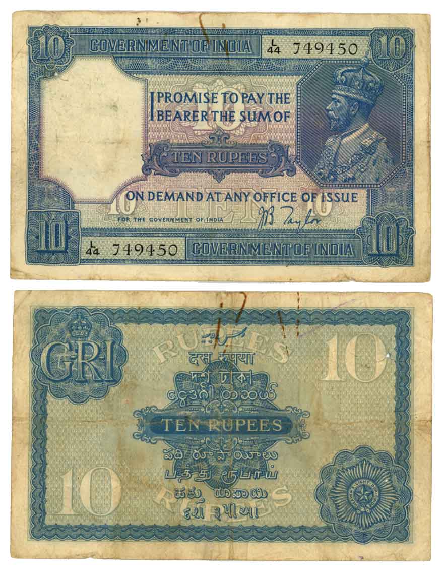 George V, Rupees 10, 2nd issue, Type 3.7, Signed J B Taylor, Prefix L/44 (R IPM# 3.7.2). V