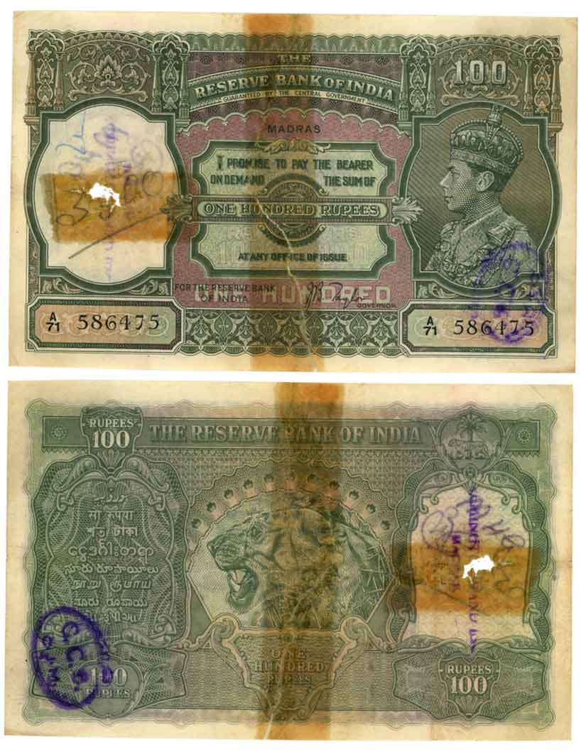 George VI, Rupees 100, Type 4.7, Madras Circle, Signed J B Taylor, Prefix A/71 (R IPM# 4.7