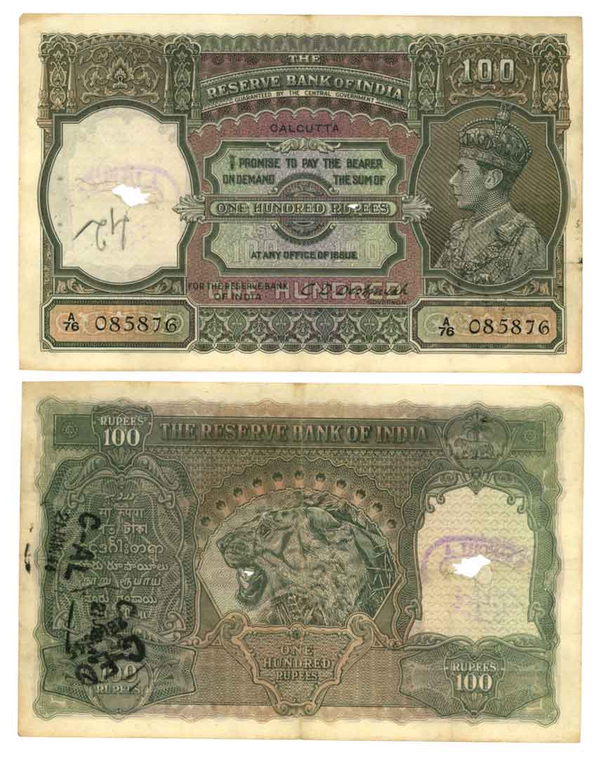George VI, Rupees 100, Type 4.7, Calcutta Circle, Signed C D Deshmukh, Prefix A/76 (R IPM#