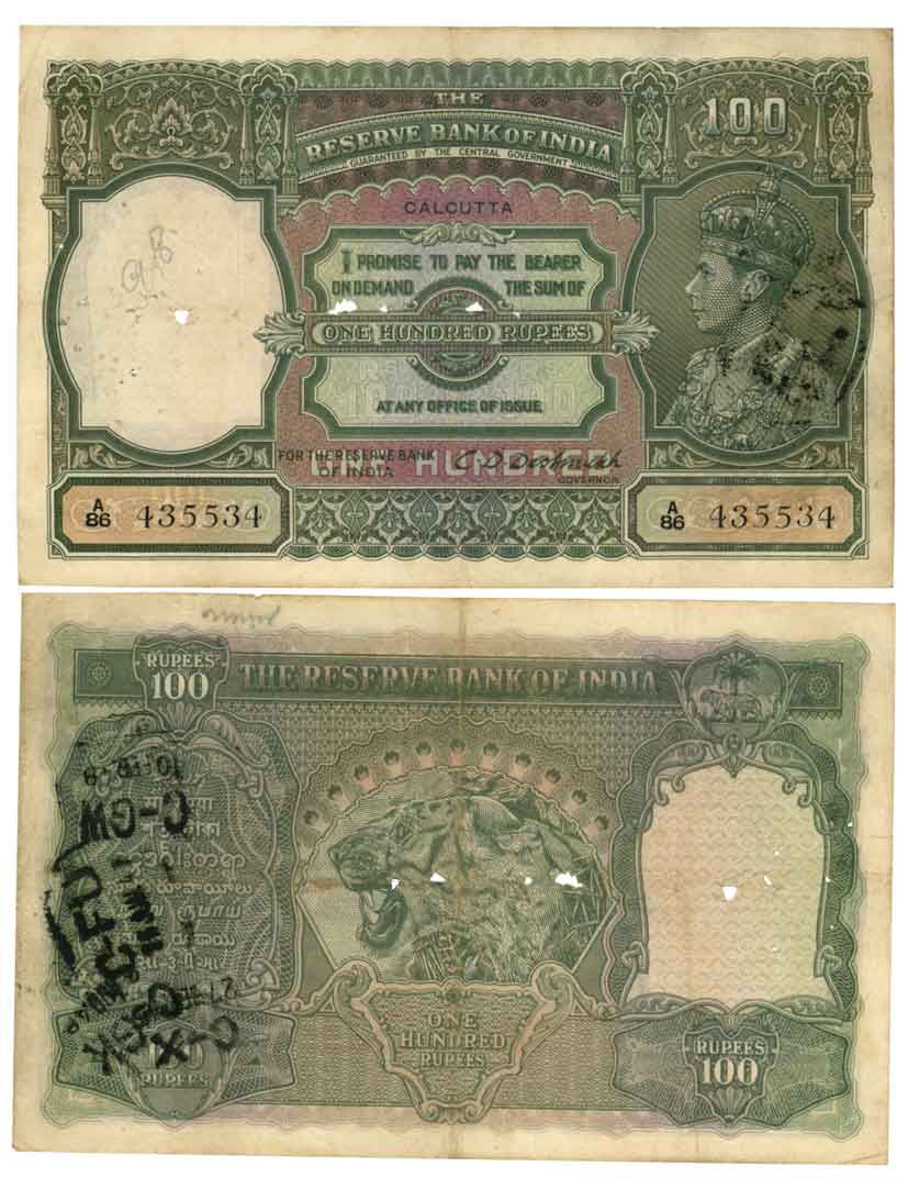 George VI, Rupees 100, Type 4.7, “Semi Fancy number Mirror like”, Calcutta Circle, Signed 
