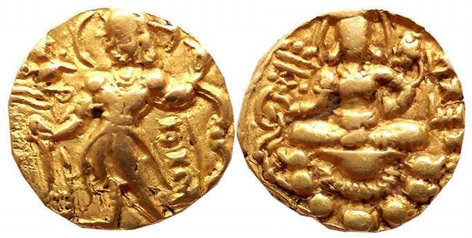 Guptas, Chandra Gupta II, Gold Dinar, 7.80g, “Archer” type, Obv: Nimbate king standing wea