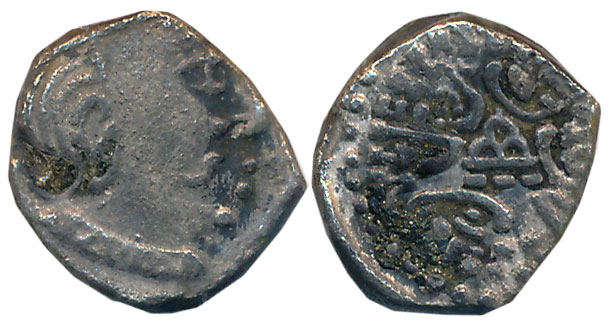 Traikutakas, Vyagharasena, Silver Drachm, 1.82g, Obv: Bust of the king facing right wearin